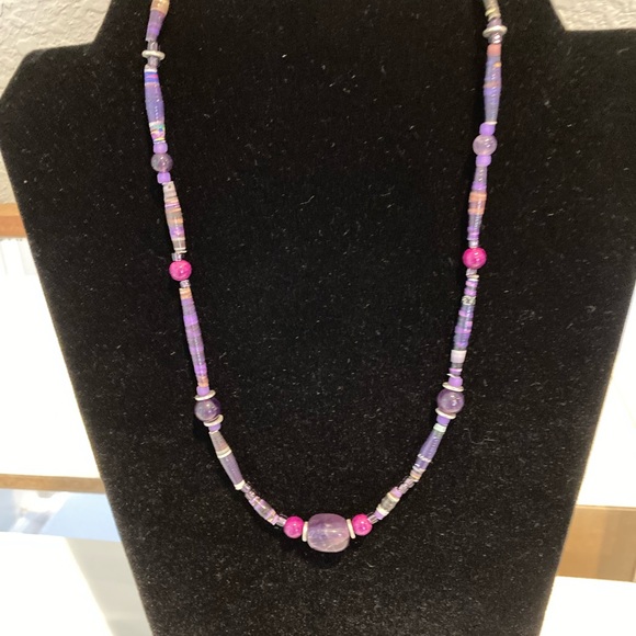 Stone Necklace. Amethyst, glass, seed and tube beads. Fish Hook clasp. - Picture 7 of 16